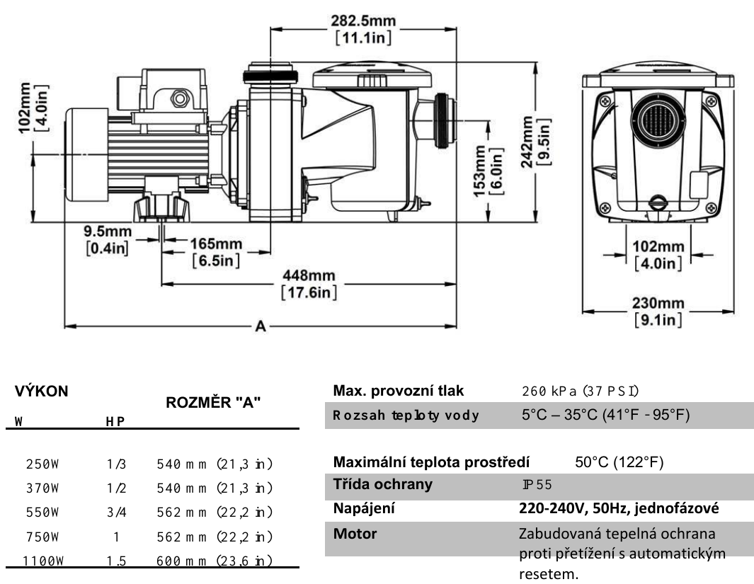 Rozměrový výkres Pentair FreeFlo 4 – délka těla A 540 mm, šířka 230 mm, výška 242 mm