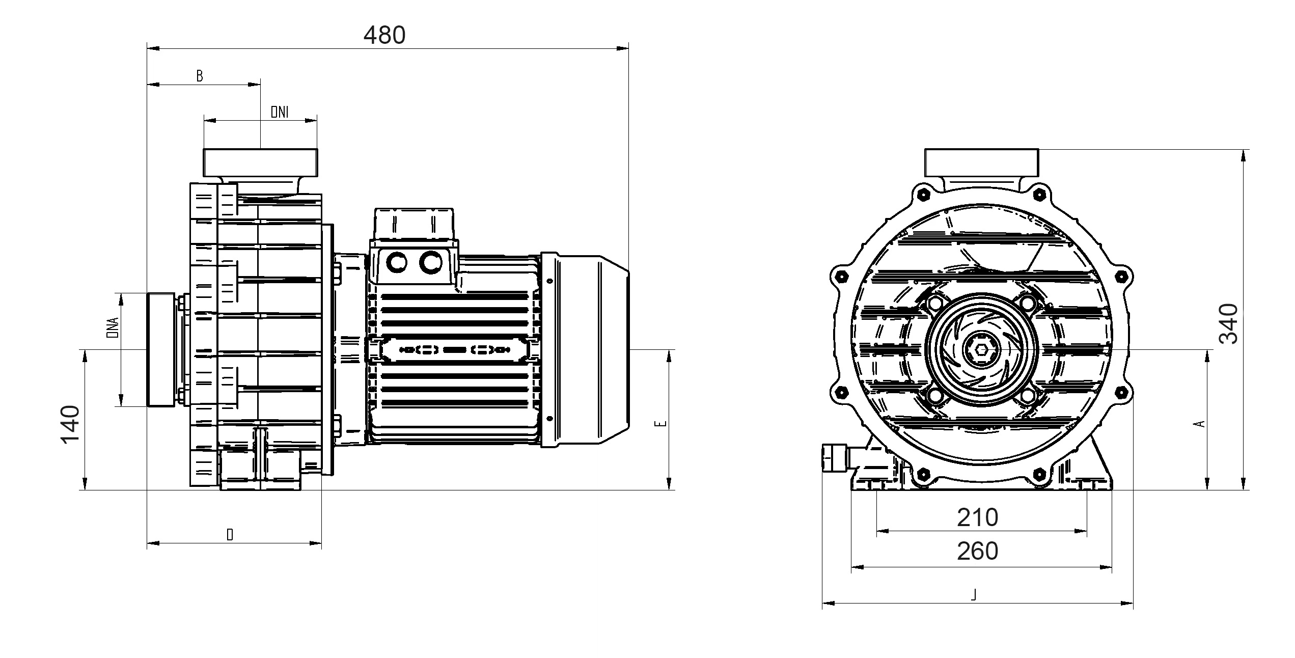 Bravus 400T - 76 m³/h; 3 kW, 400V – rozměry